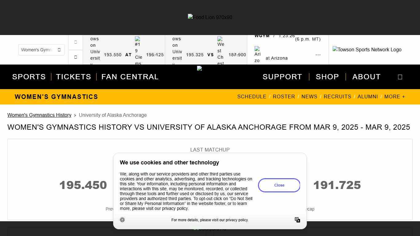 Towson University Athletics Women's Gymnastics History vs University of Alaska Anchorage