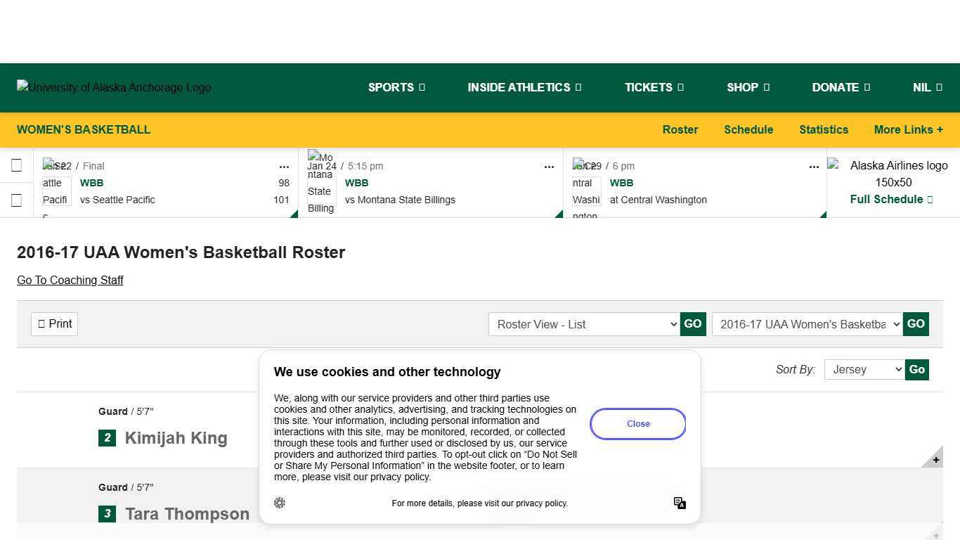 2016-17 Women's Basketball Roster University of Alaska Anchorage