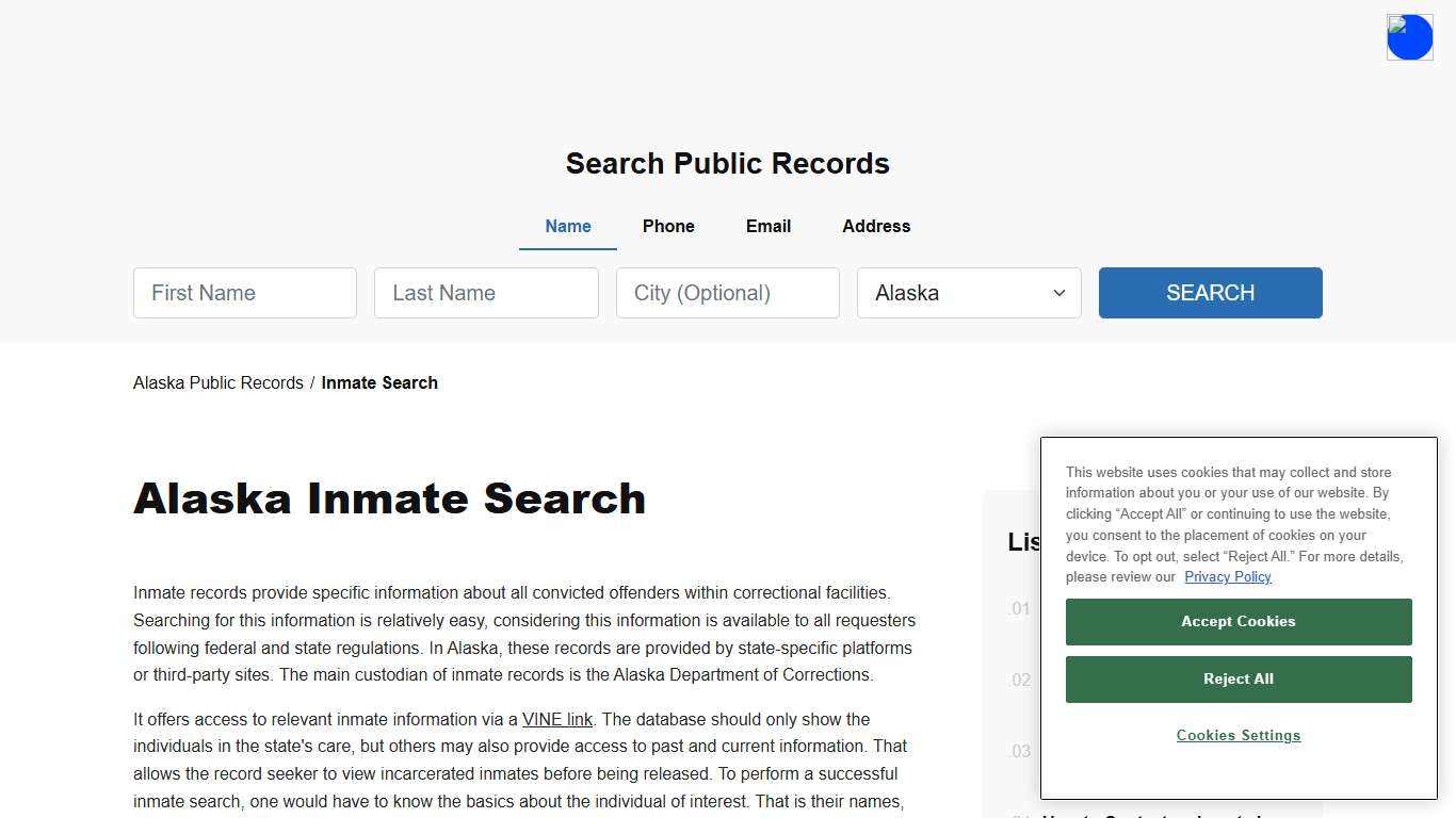 Alaska Inmate Search and Records